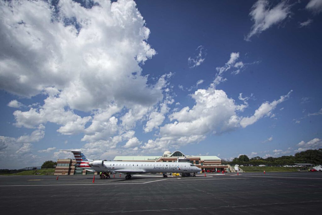 AN airplane parked at a terminal